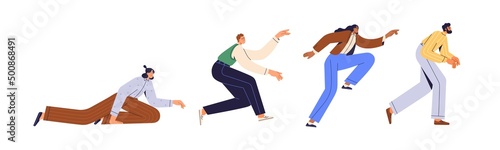 Business people race. Leaders and losers concept. Men, women running, rushing, aspiring ahead to success, succeeding and failing on way. Flat graphic vector illustration isolated on white background