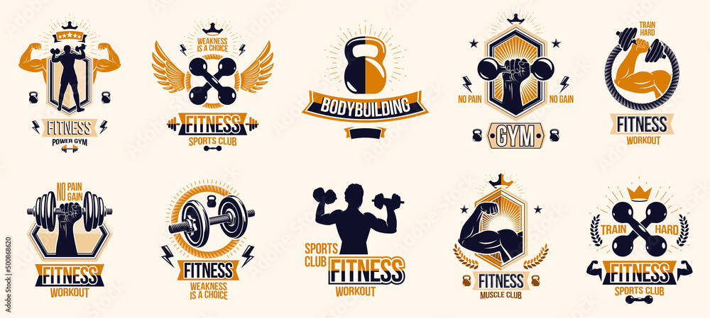 Φωτογραφία Gym fitness sport emblems and logos vector set isolated with barbells dumbbells kettlebells and muscle body man silhouettes and hands, athletics workout sport club, active lifestyle