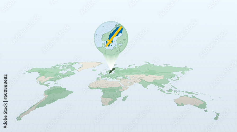Φωτογραφία World map in perspective showing the location of the country Sweden with detailed map with flag of Sweden