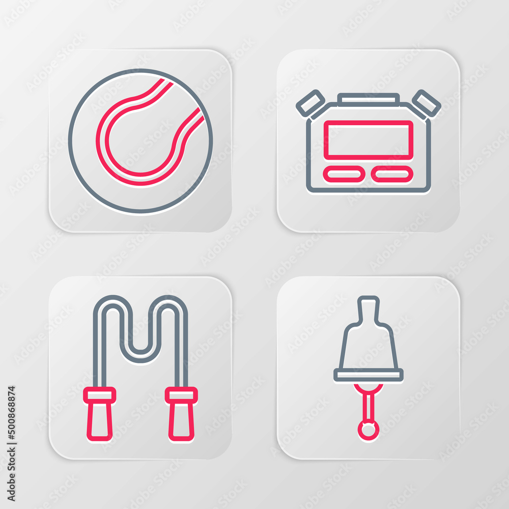 Set line Ringing bell, Jump rope, Stopwatch and Tennis ball icon. Vector Set line Ringing bell, Jump rope, Stopwatch and Tennis ball icon. Vector