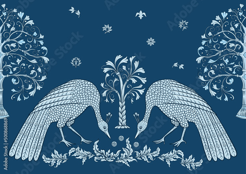 Byzantine traditional historical motifs of animals, birds, flowers and plants Seamless border pattern, linear ornament, ribbon in blue. Vector illustration. photo