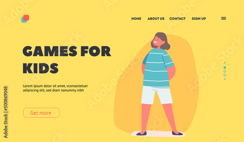 Games for Kids Landing Page Template. Happy Little Girl Wear Striped T-shirt. Smiling Child Character Playing, Fun