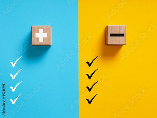 Fotografi Plus and minus symbols on blue and yellow background with check marks