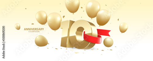 10th Year anniversary celebration background. 3D Golden number wrapped with red ribbon with  confetti and golden balloons.