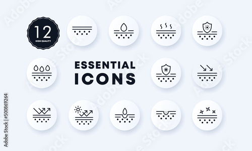 Skin influence icons set. Protection of the skin from the sun, cold, moisture. Ray protection. Skin restoration. Neomorphism style. vector eps 10