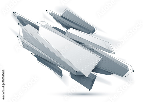 Low poly abstract form isolated on white, vector future shape design polygonal art, dimensional geometric dynamic tech theme, with mesh lines.