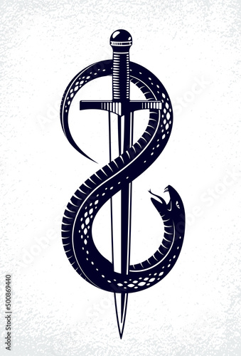 Dagger kills a Snake, defeated Serpent wraps around a sword vector vintage tattoo, Life is a Fight concept, allegorical logo or emblem of ancient symbol.