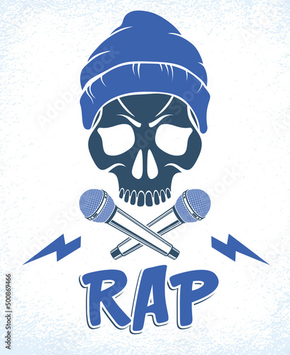 Rap music vector logo or emblem with aggressive skull and two microphones crossed like bones, Hip Hop rhymes festival concert or night club party label, t-shirt print.