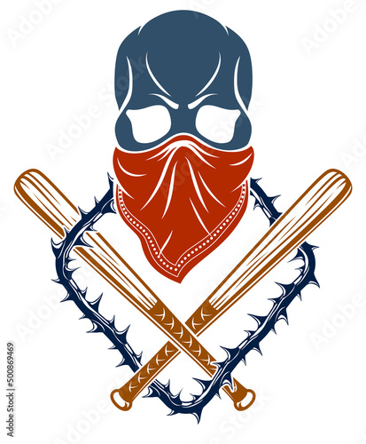 Brutal gangster emblem or logo with aggressive skull baseball bats design elements, vector anarchy crime or terrorism retro style, ghetto revolutionary.