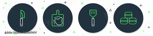 Set line Cutting board, Spatula, Knife and Macaron cookie icon. Vector