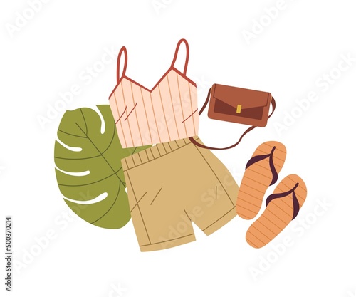 Summer tourists clothes, shoes, accessory. Female top, women shorts, beach fl...