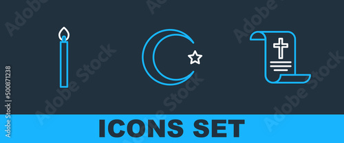 Set line Decree, paper, parchment, scroll, Burning candle and Star crescent icon. Vector