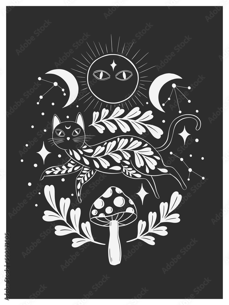 Mystic aesthetic cat witch mage composition print. Hand draw black  color.Esoteric sign alchemy. Stock Vector | Adobe Stock