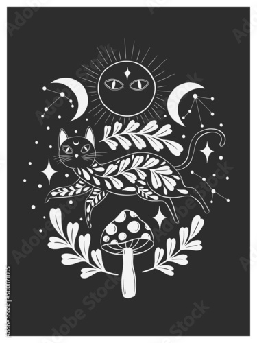 Mystic aesthetic cat witch mage composition print. Hand draw black color.Esoteric sign alchemy. photo