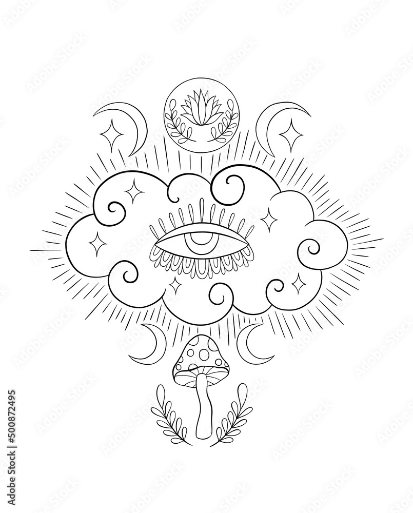 Obraz premium Mystic aesthetic witch mage composition print. Hand draw black color.Esoteric sign alchemy.