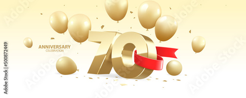 70th Year anniversary celebration background. 3D Golden number wrapped with red ribbon with  confetti and golden balloons.