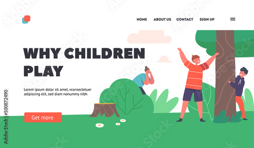 Summer Fun and Active Leisure Landing Page Template. Mother Playing with Children Hide and Seek Game in Park
