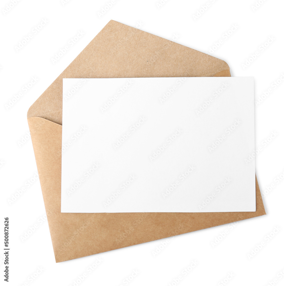 Brown envelope with blank letter on white background, top view Brown envelope with blank letter on white background, top view
