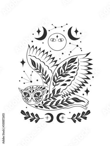 Mystic aesthetic owl witch forest mage composition print. Hand draw black color.Esoteric sign alchemy.