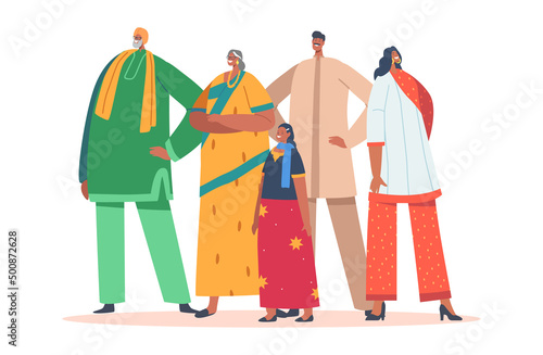 Indian Family Wear Traditional Clothes Isolated on White Background. Young Smiling Male and Female Characters