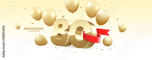 80th Year anniversary celebration background. 3D Golden number wrapped with red ribbon with  confetti and golden balloons.
