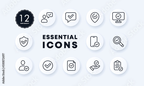 Consent icons set. Successful online purchase. PC is clean. Search for errors. Correct message. The payment went through successfully. Neomorphism style. vector eps 10 photo