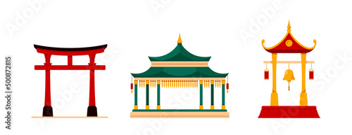 Red torii entrance with roof isolated Chinese, Korean or Japanese gate realistic cartoon icon. Vector ancient asian temple entrance design. Chinatown door in oriental style, torii gate with pillars