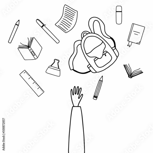 Education concept. End of school. A schoolboy throws school items in the air. Doodle style. Vector illustration. Back to school.
