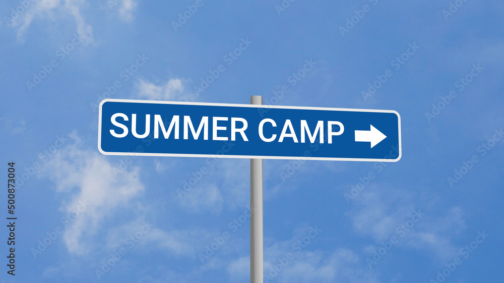 Summer Camp Road Sign on Clear Blue Sky Summer Camp Road Sign on Clear Blue Sky