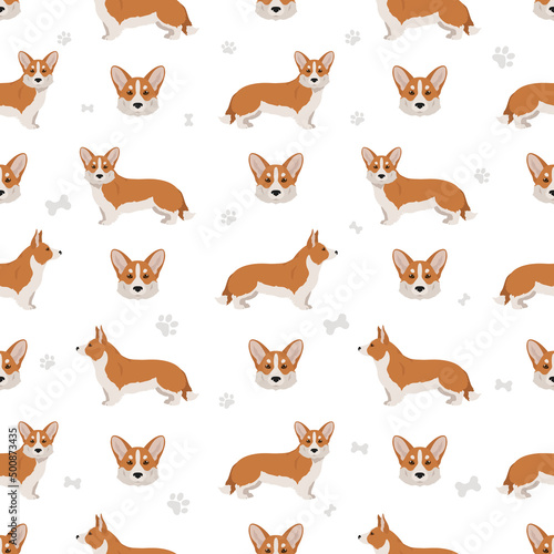 Welsh corgi cardigan seamless pattern. Different poses, coat colors set