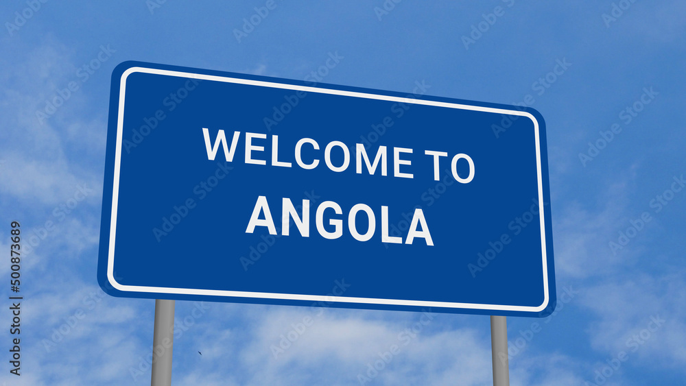 Welcome to Angola Road Sign on Clear Blue Sky Welcome to Angola Road Sign on Clear Blue Sky