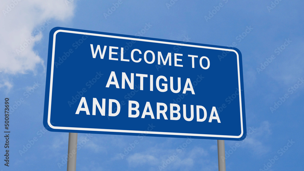 Welcome to Antigua and Barbuda Road Sign on Clear Blue Sky