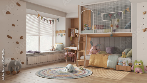 Modern children bedroom with bunk bed in white pastel tones, parquet floor, big window with bench and blinds, desk, carpet with toys, beds with pillows and duvet. Interior design photo