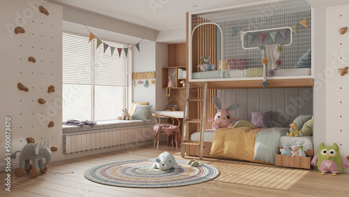Modern children bedroom with bunk bed in white pastel tones, parquet floor, big window with bench and blinds, desk, carpet with toys, beds with pillows and duvet. Interior design