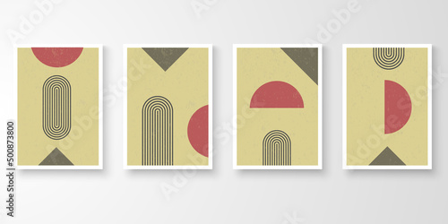 Set of retro wall art grunge line. Bauhaus vintage graphic design background. Story of abstract striped design collection vector illustration.