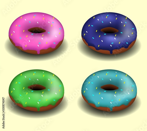 Donuts in different colors: pink, blue, dark blue and green