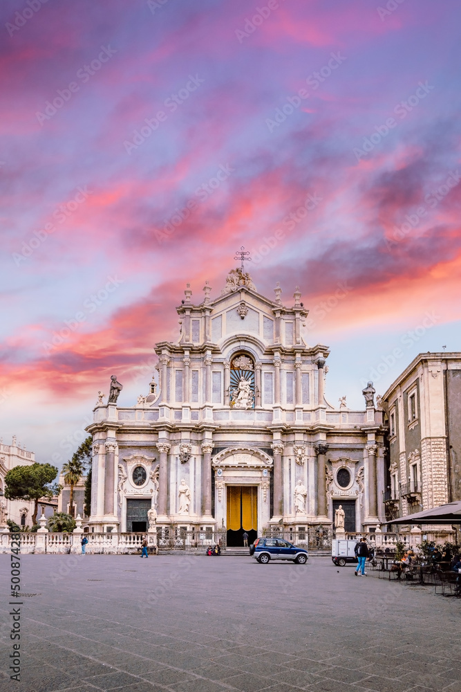 Facade of the Cathedral of Catania at sunset