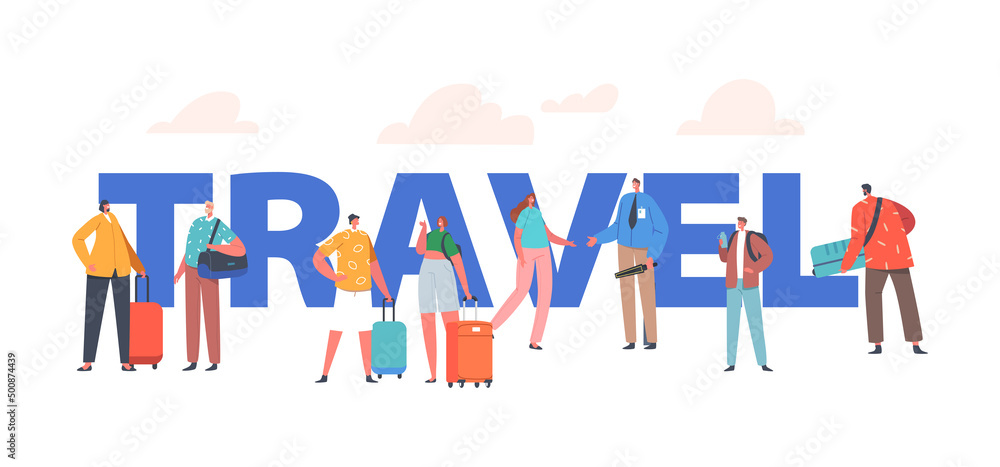 Business Trip, Travel Concept. People with Suitcases Wait Registration in Airport. Tourist Characters with Luggage Business Trip, Travel Concept. People with Suitcases Wait Registration in Airport. Tourist Characters with Luggage