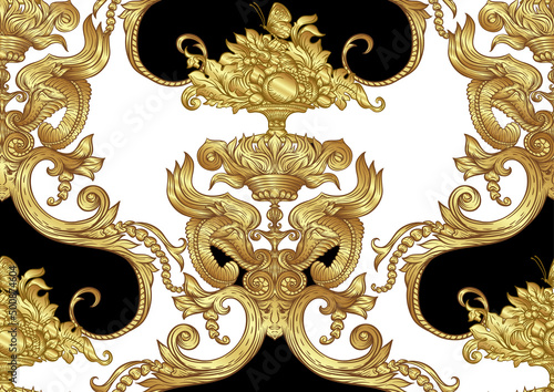 Seamless pattern, background In baroque, rococo, victorian, renaissance style. Trendy frolar vintage pattern. In gold and black vector illustration