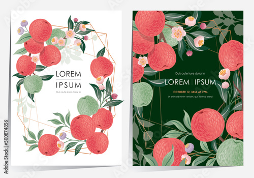  Vector illustration of a frame set with apple fruits and flowers. 	