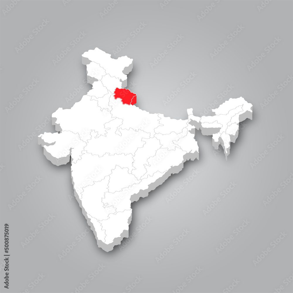 Obraz premium 3D Map of India and the Location of the State of Uttarakhand Marked in Red.