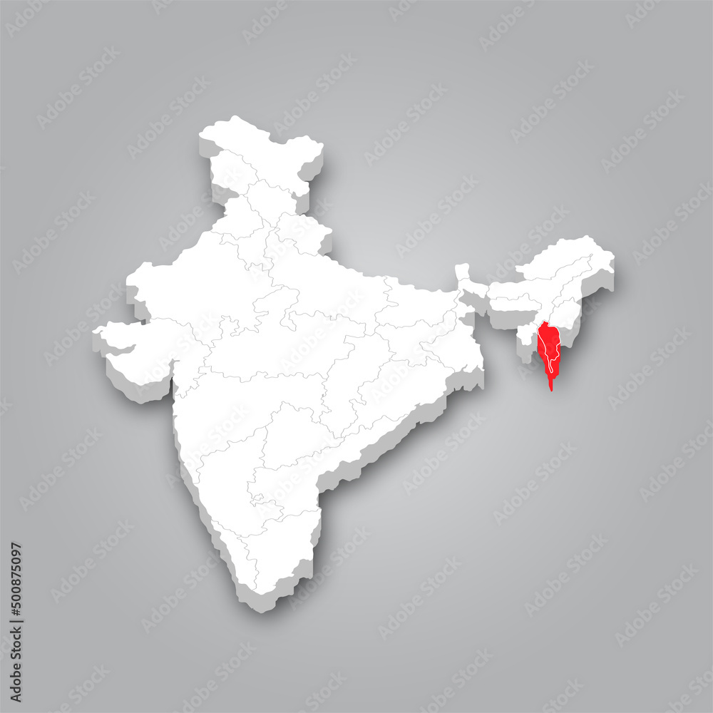 Fototapeta Political Map of India 3D Map of India and Map of Mizoram are Marked in Red.