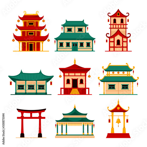 Traditional Asian Buildings Isolated Icons, Travel Destination Landmarks of Japan, China or Korea, National Architecture