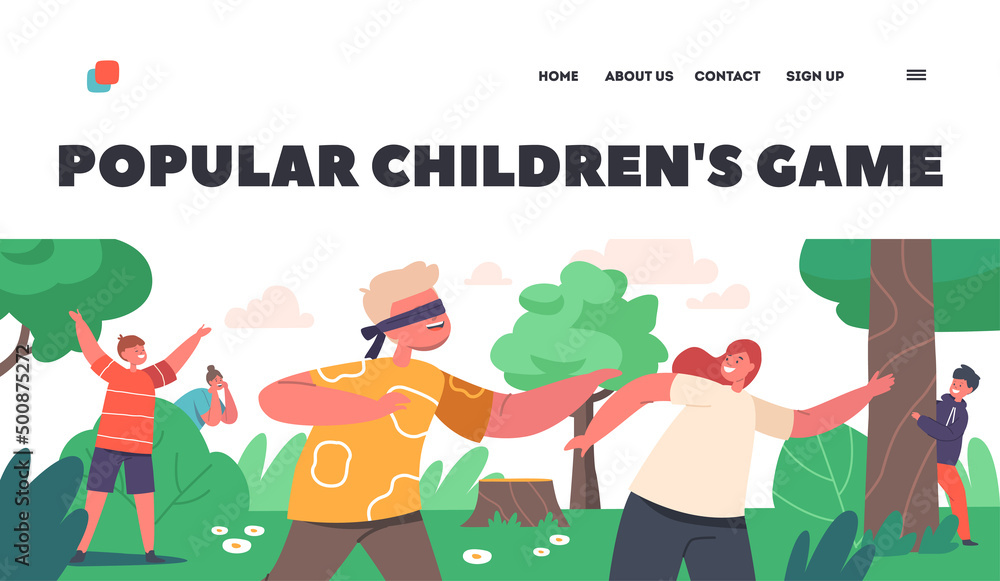 Fototapeta premium Popular Children Games Landing Page Template. Kids Playing Hide and Seek in Park or Forest, Happy Characters Fun