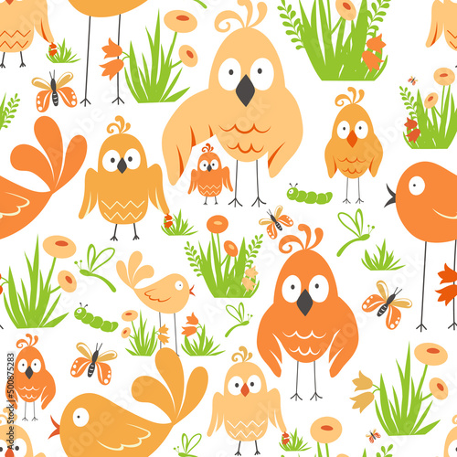 Vector illustration with insects and birds. Nature, birds, flowers and insects. Vector illustration is suitable for childrens postcards and books. photo