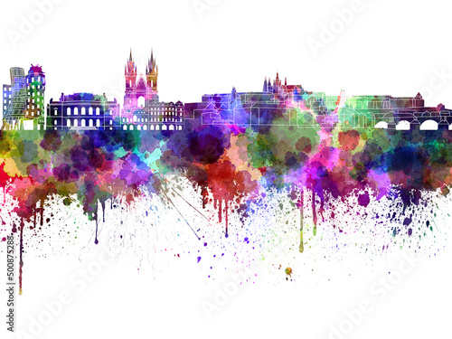 Prague skyline in watercolor on white background