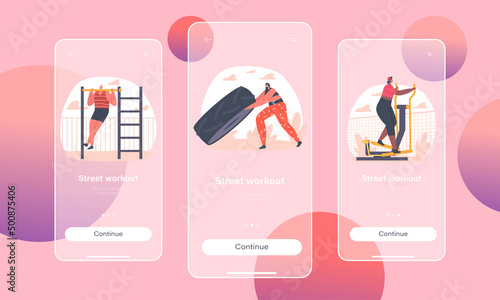 Street Workout Mobile App Page Onboard Screen Template. People Training at House Yard. Characters Exercising, Workout