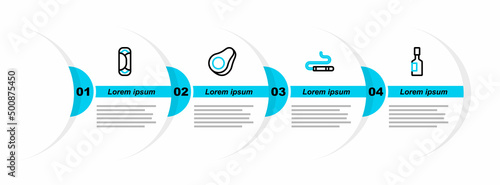 Set line Tabasco sauce, Cigar, Avocado fruit and Burrito icon. Vector