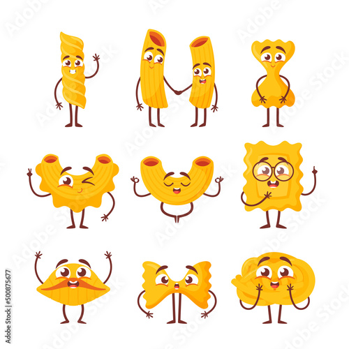 Cute Pasta Characters Emoji, Italian Wheat Food. Macaroni Mascots With Hands, Legs and Kawaii Smiling Faces