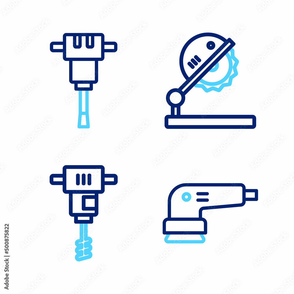 Set line Electric sander, Electrical hand concrete mixer, Table saw for woodwork and Construction jackhammer icon. Vector Set line Electric sander, Electrical hand concrete mixer, Table saw for woodwork and Construction jackhammer icon. Vector